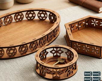Decorative Wooden Tray Bundle Laser Cut Organizer Box Ellipse Round Hexagon Jewelry Tray 681