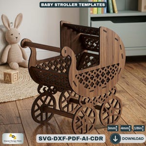 May include: A wooden baby stroller template with intricate cut-out designs. The stroller is brown and features four wheels, a hood, and a handle. The text "BABY STROLLER TEMPLATES" is at the top. The image also includes the text "SVG-DXF-PDF-AI-CDR" and "DOWNLOAD".