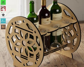 Elegant Wooden Wine Glass & Bottle Holder - Laser Cut Design for Home Bar Decor,Modern Wooden Design for Bottles and Glasses 519