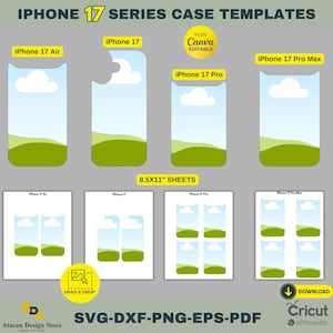 May include: Templates for iPhone 17 series cases. The design includes templates for iPhone 17 Air, iPhone 17, iPhone 17 Pro, and iPhone 17 Pro Max. The design includes the text "8.5x11" SHEETS", "DRAG & DROP", and "SVG-DXF-PNG-EPS-PDF".