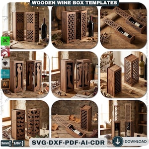 May include: Wooden wine box templates with various designs. The boxes are made of brown wood and feature intricate cut-out patterns, including hearts, geometric shapes, and silhouettes of women. Some boxes are open, revealing wine bottles.