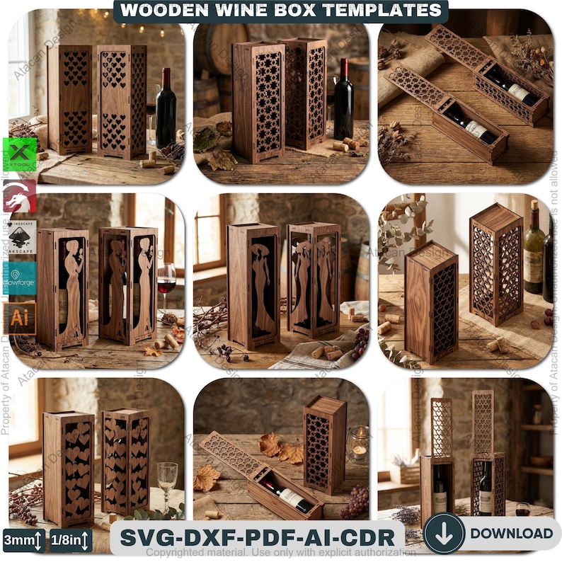 Lasercut Wine Bottle Gift Box Bundle / Wooden Wine Carrier Holder ...