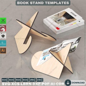 May include: Wooden book stand templates in various designs. The image shows several assembled stands, with a book resting on one. The text at the top reads "BOOK STAND TEMPLATES". The bottom text includes measurements in inches and file type information.
