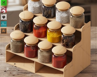 Elegant Wooden Spice Rack - Laser Cut DIY Display Stand 525