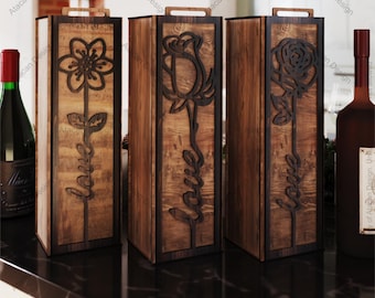 Caja de vino con grabado floral: regalo cortado a láser perfecto para bodas y ocasiones especiales. Caja romántica de vino 804.