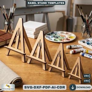 Peut inclure: Quatre petits chevalets en bois de différentes tailles sont présentés sur une table en bois. Les chevalets sont de couleur brun clair et ont une conception simple en forme de A. Le texte "EASEL STAND TEMPLATES" est en haut. Le texte "SVG-DXF-PDF-AI-CDR" est en bas.