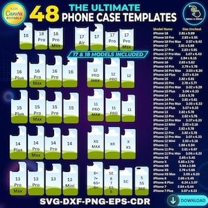 Può includere: Un grafico digitale che mostra 48 modelli di cover per vari iPhone. L'immagine presenta file di contorni rettangolari bianchi con ritagli per fotocamere, etichettati con nomi di modelli e una tabella con le dimensioni in pollici.