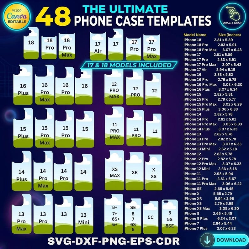 K&ouml;nnte beinhalten: Eine digitale Grafik mit 48 Handyh&uuml;llen-Vorlagen f&uuml;r verschiedene iPhone-Modelle. Das Bild zeigt Reihen wei&szlig;er rechteckiger Umrisse mit Kameraaussparungen, beschriftet mit Modellnamen. Rechts befindet sich eine Tabelle mit Ma&szlig;en in Zoll.