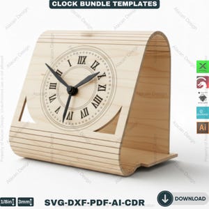 May include: A light-colored wooden clock with a Roman numeral clock face and black hands. The clock has a unique curved design with cut-out details and the text "CLOCK BUNDLE TEMPLATES". The clock measures 1/8 inch or 3mm thick.