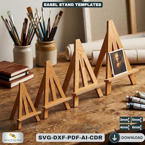 Puede incluir: Cuatro caballetes de madera de diferentes tamaños se muestran sobre una mesa de madera. Los caballetes, de color marrón claro, tienen un diseño en forma de A. La imagen incluye pinceles, tubos de pintura y una pequeña pintura en uno de los caballetes. El texto "EASEL STAND TEMPLATES" está en la parte superior.