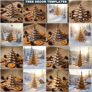 Puede incluir: Adornos de árbol de Navidad de madera en varios diseños. Los adornos se muestran con palitos de canela, piñas y rodajas de naranja secas. El texto "TREE DECOR TEMPLATES" está en la parte superior de la imagen.