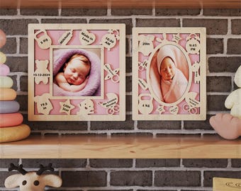 Personalisierte Baby Ankündigung Laser Cut Design | Benutzerdefinierte Baby Geburtsschild SVG, Neugeborene Geburtsdetails Fotorahmen Design 813