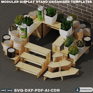 Könnte beinhalten: Ein modularer Display-Stand-Organizer-Vorlagenset aus Holz. Das Set enthält verschiedene Regalböden, Stufen und Eckteile. Das Vorlagenset ist für die Präsentation von Produkten wie Kerzen, Pflanzen und Getränken konzipiert. Das Bild enthält den Text "SVG-DXF-PDF-AI-CDR".