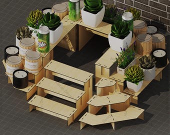 May include: A modular display stand organiser template set made of wood. The set includes various sized shelves, steps, and corner pieces. The template set is designed to be used for displaying products such as candles, plants, and beverages. The image includes the text "SVG-DXF-PDF-AI-CDR".