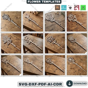 May include: A collection of wooden flower templates, each representing a month of the year. The laser-cut designs include various flower types with the month's name etched on the stem. The templates are displayed on a rustic wooden surface.
