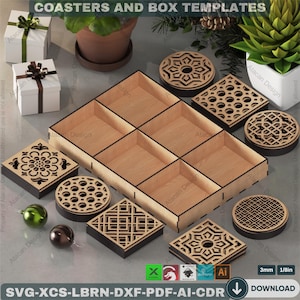May include: A selection of laser-cut wooden coasters and box templates. The coasters display geometric and floral patterns. The box is divided into six sections. The image includes the text "COASTERS AND BOX TEMPLATES" and "SVG-XCS-LBRN-DXF-PDF-AI-CDR DOWNLOAD".