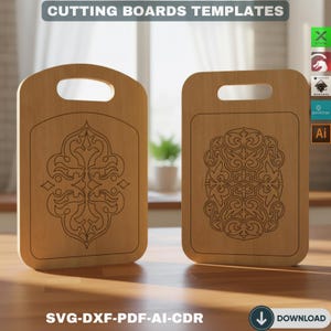 Puede incluir: Dos tablas de cortar de madera con diseños decorativos cortados con láser. Cada tabla tiene un asa y un patrón simétrico único. El texto "CUTTING BOARDS TEMPLATES" y "SVG-DXF-PDF-AI-CDR" es visible.