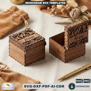 May include: Two wooden monogram box templates, one closed and one open, with the name "Alicia" and the letter "A" engraved on the lid. The boxes are made of light brown wood and have intricate laser-cut designs. The text "MONOGRAM BOX TEMPLATES" is at the top.
