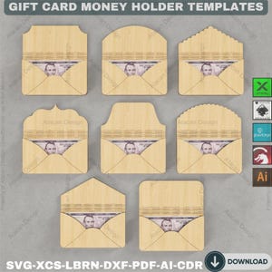 May include: A collection of wooden gift card money holder templates in various shapes, each holding a bill. The designs include scalloped, arched, and geometric edges. The text "GIFT CARD MONEY HOLDER TEMPLATES" is at the top.