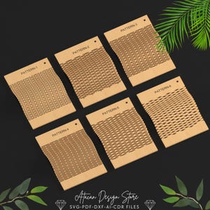 Pode incluir: Seis padr&otilde;es de madeira diferentes etiquetados como "PATTERN-1" a "PATTERN-6". Os padr&otilde;es s&atilde;o feitos de linhas finas e paralelas que criam um efeito tecido. A madeira &eacute; de cor castanho claro. O texto "Atacan Design Store" e "SVG-PDF-DXF-AI-CDR FILES" est&aacute; na parte inferior da imagem.