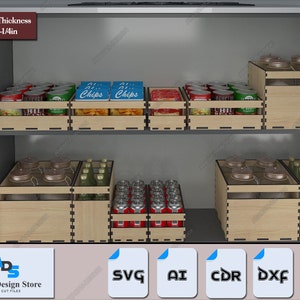 May include: A set of six wooden storage boxes for organizing pantry items. The boxes are made of 1/4 inch thick wood and are designed to fit on a shelf. The boxes are filled with various canned goods, chips, and jars. The boxes are labeled with the text "Chips" and "Chili".