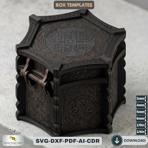 Könnte beinhalten: Eine dunkelbraune, sechseckige Box mit aufwendigen keltischen Knotenmustern. Die Box hat einen Klappdeckel und einen Verschluss. Der Text "BOX TEMPLATES" steht oben. Maße: 3mm, 4mm, 5mm, 6mm, 3.18mm, und 6.35mm.