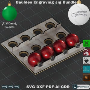 Op de afbeelding: Een houten graveerjigsbundel voor kerstballen van 50 mm. De mal bevat meerdere rode kerstballen. De afbeelding bevat de tekst "Baubles Engraving Jig Bundle" en "SVG-DXF-PDF-AI-CDR".