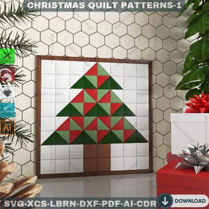 May include: A framed Christmas quilt pattern featuring a geometric Christmas tree design. The tree is composed of green and red triangles, with a brown trunk. The background is white with a grid pattern. The text "CHRISTMAS QUILT PATTERNS-1" is at the top.