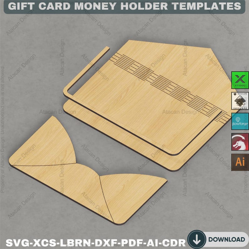 May include: Wooden gift card money holder templates. The templates are light brown with dark brown outlines and include a rectangular holder with a handle and a folded envelope design. The text "GIFT CARD MONEY HOLDER TEMPLATES" is at the top.