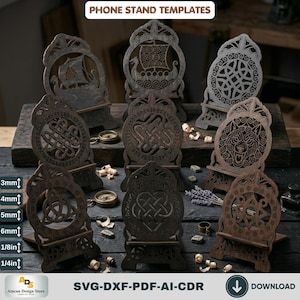 May include: A collection of nine dark wood phone stand templates featuring intricate laser-cut designs including Viking ships, Celtic knots, and animal motifs. The image displays text reading PHONE STAND TEMPLATES and SVG-DXF-PDF-AI-CDR.