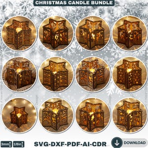 May include: A collection of star-shaped wooden candle holders with intricate cut-out designs. Each holder contains a lit candle, creating a warm, inviting glow. The text "CHRISTMAS CANDLE BUNDLE" is at the top.