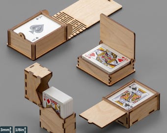 Playing Card Boxes LaserCut Files, 4 Wooden Cards Deck Holder Templates, Glowforge Card Storage Box