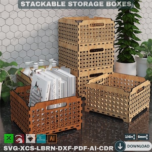 Peut inclure: Boîtes de rangement empilables en bois avec un motif tissé. Les boîtes ont une épaisseur de 1/4 de pouce et une hauteur de 6 mm. Les boîtes sont représentées empilées les unes sur les autres et contenant des livres et des bouteilles.