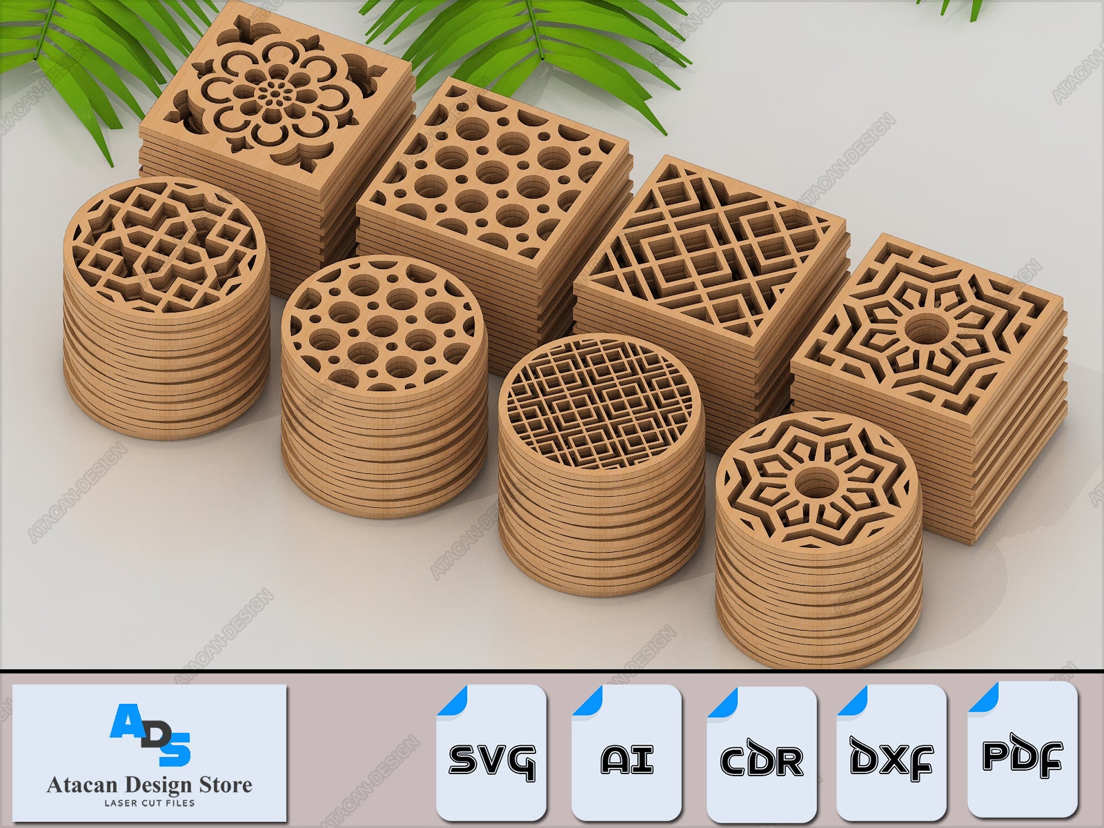 Wooden Coaster Design Set - Laser Cut Trivet Grill Cutting Templates 497