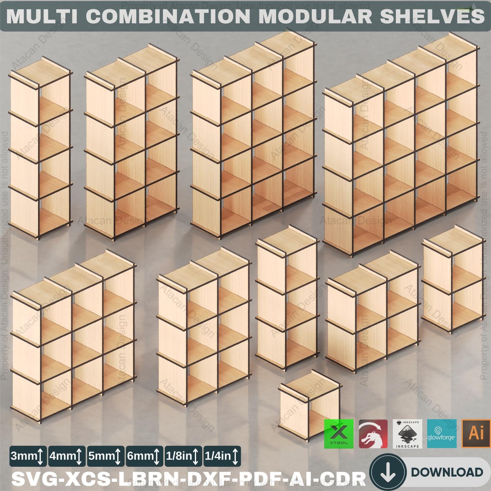 Multi Combination Modular Shelves Laser File - Customizable Wood