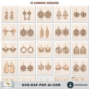 May include: A collection of 21 earring designs featuring laser-cut wooden shapes including infinity symbols, keys, geometric patterns, animals, flowers, and snowflakes. The image displays various pairs of earrings with hooks, labelled 21 EARRING DESIGNS.