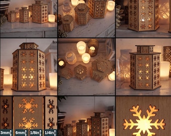 Laserskurna jullyktor i plywood / 4 designer julljusaskar / Julsnöflingemönster 288