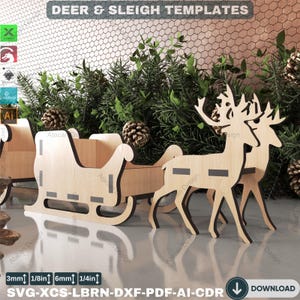 3D Christmas Sleigh & Reindeer Laser Cut File, Holiday Table Centerpiece SVG, Winter Village Decor for Glowforge ADS149