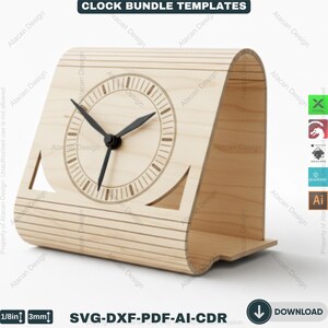 May include: A wooden clock with a light brown finish. The clock features a circular face with black hands and a minimalist design. The clock's body has a curved shape with decorative cutouts. The text "CLOCK BUNDLE TEMPLATES" is at the top.