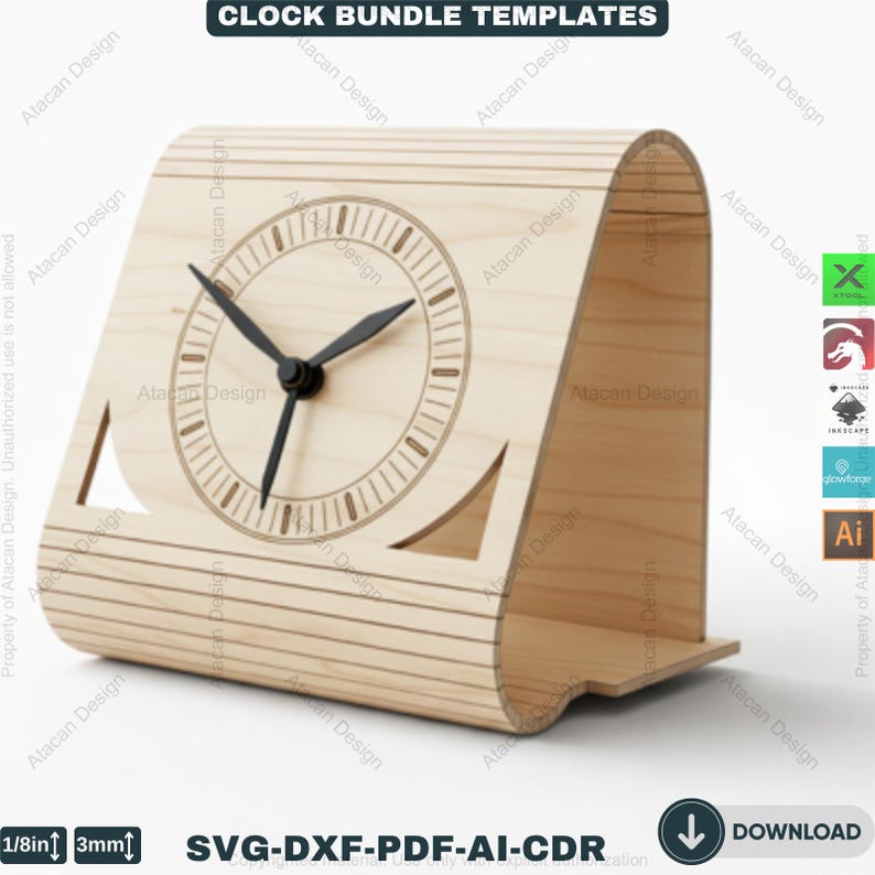 May include: A wooden clock with a light brown finish. The clock features a circular face with black hands and a minimalist design. The clock's body has a curved shape with decorative cutouts. The text "CLOCK BUNDLE TEMPLATES" is at the top.
