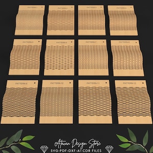 Pode incluir: Doze padr&otilde;es diferentes de corte a laser para projetos de madeira. Os padr&otilde;es s&atilde;o numerados de 1 a 12 e s&atilde;o mostrados em um fundo marrom claro. O texto "Atacan Design Store" e "SVG-PDF-DXF-AI-CDR FILES" est&aacute; na parte inferior da imagem.