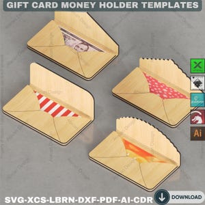May include: Wooden gift card money holder templates. The holders are in the shape of envelopes, with various designs visible inside. One contains a bill, another has red and white stripes, and others have patterned designs. The text "GIFT CARD MONEY HOLDER TEMPLATES" is at the top.