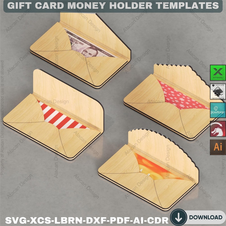May include: Wooden gift card money holder templates. The holders are in the shape of envelopes, with various designs visible inside. One contains a bill, another has red and white stripes, and others have patterned designs. The text "GIFT CARD MONEY HOLDER TEMPLATES" is at the top.