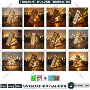 Puede incluir: Una colección de plantillas triangulares para portavelas. Los portavelas son de madera y presentan intrincados diseños recortados. El texto "TEALIGHT HOLDER TEMPLATES" está en la parte superior. El texto inferior dice "SVG-DXF-PDF-AI-CDR" y "DOWNLOAD".