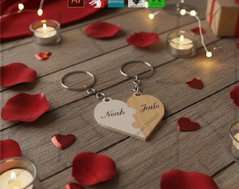 Couple Heart Keychain Set | Puzzle Keyring | Perfect Gift for Lovers I Personalized Keyring Set 437
