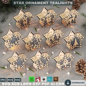 Puede incluir: Ocho portavelas de madera en forma de estrella con varios diseños, incluyendo un muñeco de nieve, un reno, árboles y una casa. Los portavelas están hechos de madera de 3 mm, 4 mm y 1/8 de pulgada de grosor. Los diseños están cortados en la madera, creando un aspecto delicado e intrincado. Los portavelas son perfectos para añadir un toque de calidez y encanto a cualquier hogar.