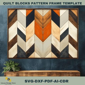 May include: A digital download of a quilt block pattern frame template. The template features a chevron pattern with various shades of brown, orange, black, and white. The template is perfect for creating a unique and stylish wall decor piece.