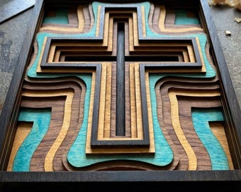 3D Layered Wood Cross Wall Art LaserCut Religious Multilayer Decor Christian Spiritual Vector Pattern