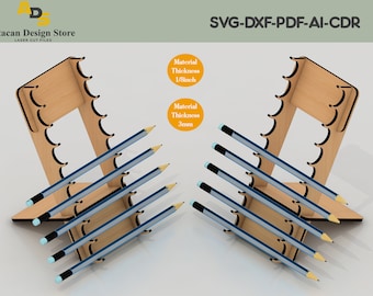 May include: A wooden pencil holder with 10 slots for pencils. The holder is made of 1/8 inch thick wood and is designed to hold pencils in a vertical position. The holder is shown with pencils in the slots.