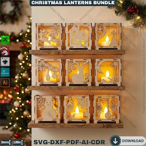 May include: A collection of nine wooden Christmas lanterns, each featuring festive cut-out designs like reindeer and snowflakes. The lanterns, with lit candles inside, are displayed on wooden shelves. The text "CHRISTMAS LANTERNS BUNDLE" is at the top.